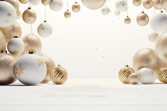 Winter holiday wallpaper. Festive christmas or new years eve in white and gold. 3d render created by generative AI