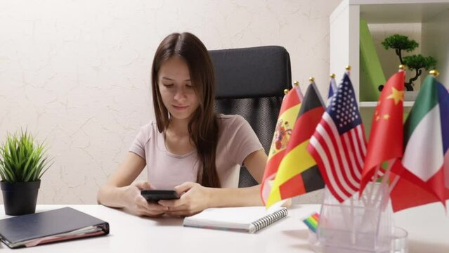Student in an online class, mobile language app, international education, online language courses
