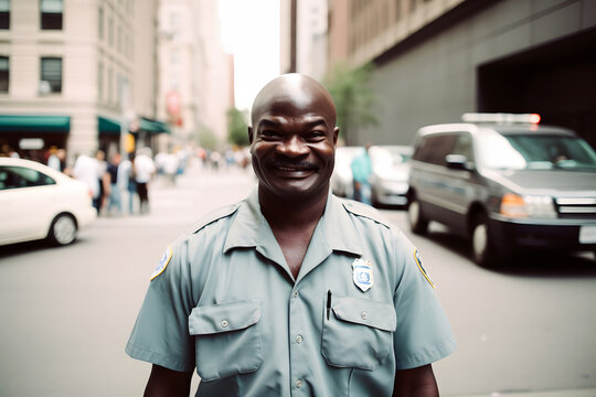 Happy and smiling African American police officer. Neural network AI generated art