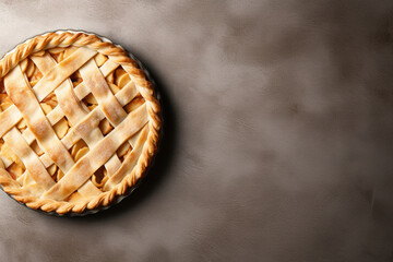 a apple pie imagery in a minimalist photographic approach, top view, with brown background, modern food photography, with empty copy space