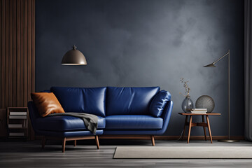 Dark blue sofa and recliner chair in scandinavian apartment created by generative AI