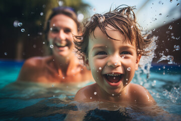 child playing in the pool together with mother.	