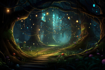 magical winter forest with christmas trees and glowing lights created by generative AI