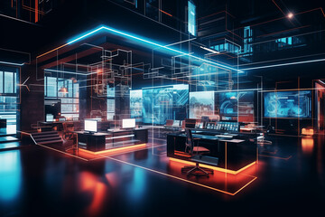 Modern neon cyberpunk open space office interior blurred office created by generative AI