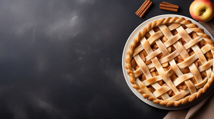 a apple pie imagery in a minimalist photographic approach, top view, with brown background, modern food photography, with empty copy space