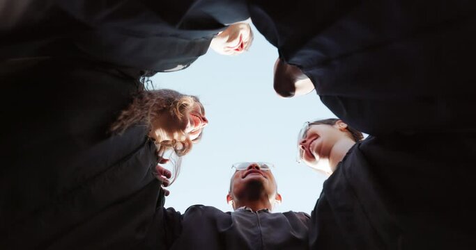 Graduation cap, people and students throw in air or sky for celebration, study success and achievement on campus below. University friends, group circle or graduate with college, school or education