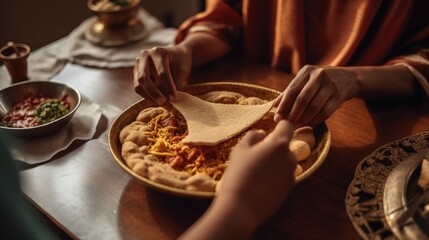 A couple's hands sharing a plate Ethiopian Injera and Wat Meal at a table. Close-up.

