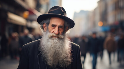 Photo of a Jewish man, a rabbi, on the street. - obrazy, fototapety, plakaty