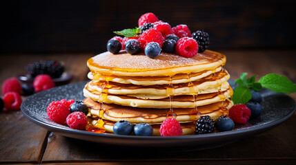 delicious homemade pancake with fresh blueberry raspberry on wooden table
