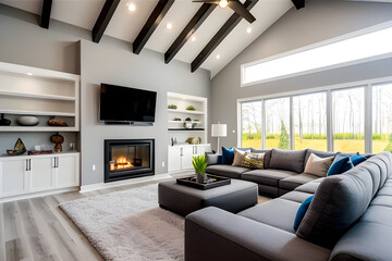 The living room is a contemporary and open-concept space with a vaulted ceiling, a large sectional sofa, and a modern fireplace, creating a spacious and airy ambiance. Generative AI