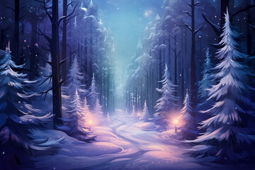 snoway magical winter forest with christmas trees and glowing lights created by generative AI