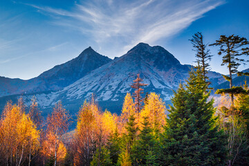 Lomnica Peak at sunset in autumn season. The second highest peak of the High Tatras mountains of...