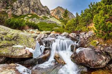 Wild creek in The Mlynicka Valley at late autumn period. The High Tatras National Park, Slovakia, Europe. - obrazy, fototapety, plakaty