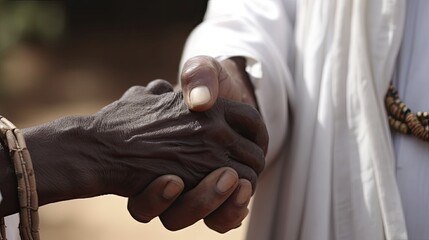 Burkina Faso, old African man shaking hands with white woman. Close-up.
 - obrazy, fototapety, plakaty