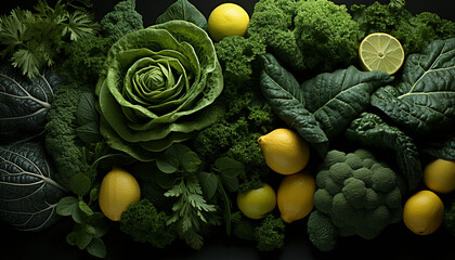 Healthy eating Fresh vegetables, fruits, and leafy greens in nature generated by AI - obrazy, fototapety, plakaty