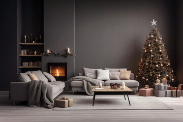 Cozy Holiday Evening. A living room elegantly decorated for the holidays, with a glowing fireplace and a Christmas tree surrounded by gifts, inviting a peaceful celebration