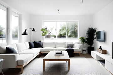 The living room is a Scandinavian-inspired space with a clean, white color scheme, minimalist furniture, and plenty of natural light from the large windows. Generative AI