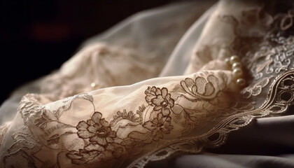 Silk satin wedding dress with ornate lace and embroidery decoration generated by AI