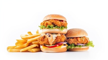 Concept of mock up burger, french fries and fried chicken set isolated on white background. Copy space for text and logo. Clipping Path included on white background.
