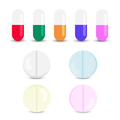 Set of pills, medicines on a white background