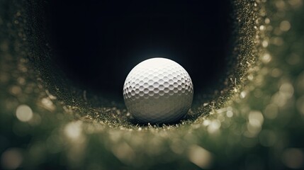 Detail of golf ball, view from inside the hole. Ultimate perspective, real shot. Concept of success and goal.
