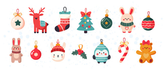 Xmas holiday toys and decor. Animal-shaped decoration and figures for fir tree. Set of holiday ornaments. Flat graphic vector illustration isolated on white background