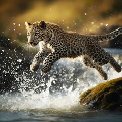 A Stunning Leopard in Leaping Action, A picture of a beautiful leopard in the wild a wild cat of prey on the hunt
