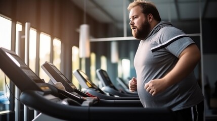 Focused overweight man runs on treadmill in sports club with panoramic windows overlooking sunny city. Desire to get rid of fat and mass in adulthood. Hard work and exercise for chubby people