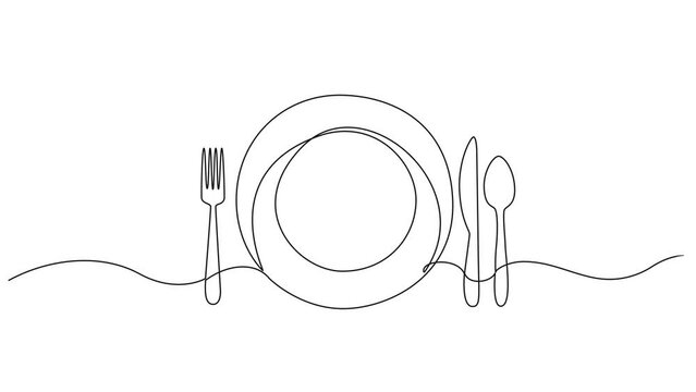 animated continuous single line drawing of dinner concept, plate with fork, knife and spoon, line art animation