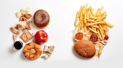 Healthy vs Junk food like and dislike comparison on white background

