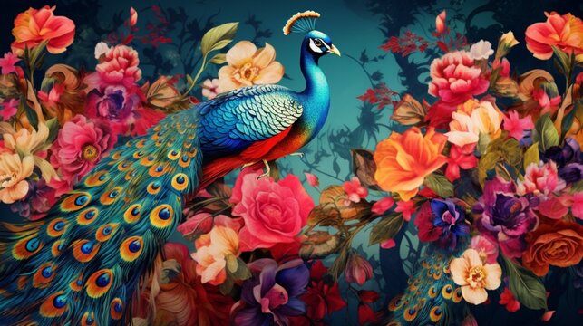 Exotic oriental pattern with peacocks and flowers in.Generative AI
