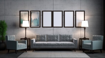 four blank pictures frames above a couch in an expens.Generative AI