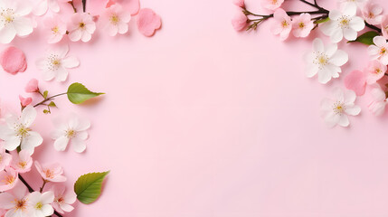 Fototapeta na wymiar Banner with flowers on light pink background. Greeting card template for Wedding, mothers or womans day. Springtime composition with copy space