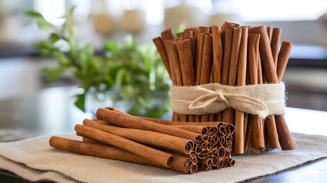 burlap-tied cinnamon sticks on a kitchen countertop, copy space