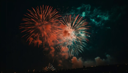 Fourth of July celebration exploding fireworks illuminate the dark night generated by AI