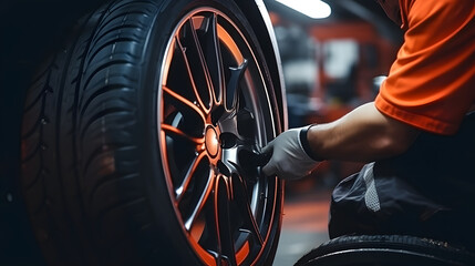 tire at repairing service garage background. Technician man replacing winter and summer tire for safety road trip. Transportation and automotive maintenance concept, auto repair shop