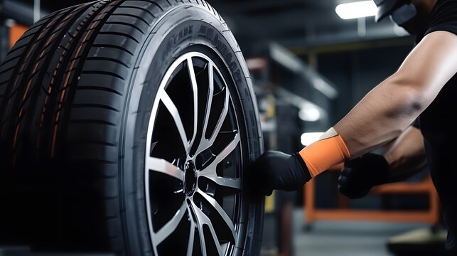 tire at repairing service garage background. Technician man replacing winter and summer tire for safety road trip. Transportation and automotive maintenance concept, auto repair shop