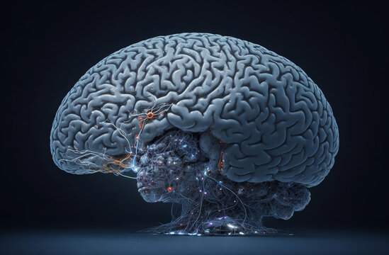 Human brain on dark background, 3D rendering. Brainstorming concept