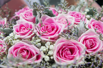 Pink roses bouquet with white grass flowers