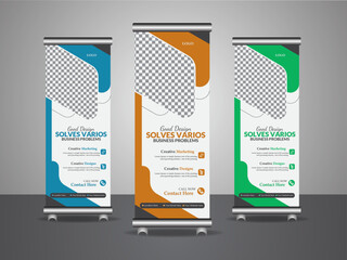 A set of roll-up  banners, pop-up banners, creative banners, corporate banners, and banner AI