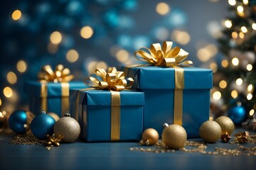 Fototapeta na wymiar Christmas Gift box with Golden ribbon. Christmas Decoration Background. Banner. Generative AI.