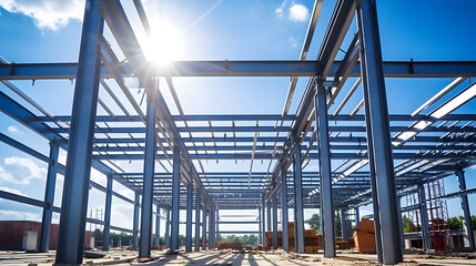 Structure of steel for building construction on sky background., industrial zone steel bridge - obrazy, fototapety, plakaty