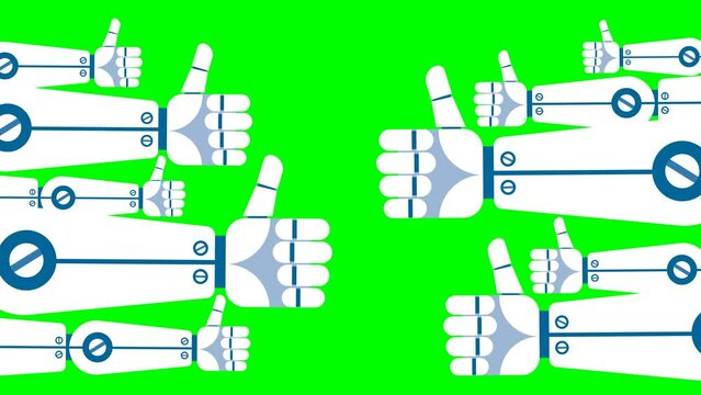 Thumb-up icon. Animation ''like'' icon. Robot hand thumb up. Many robot hands on both sides of the screen appear and show the "like" sign gesture. 2D flat animation isolated on a green background
