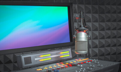 Professional microphone and sound mixer in radio station studio