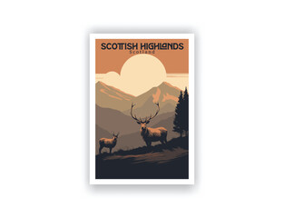 The Scottish Highlands, Scotland. Vintage Travel Posters. Vector art. Famous Tourist Destinations Posters Art Prints Wall Art and Print Set Abstract Travel for Hikers Campers Living Room Decor