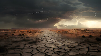a cracked road with  stormy in highway on a deserted desert
