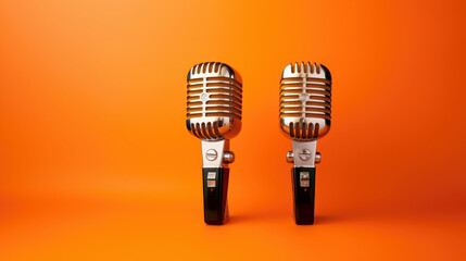 deux microphones sur un fond orange pour débat ou talk show - obrazy, fototapety, plakaty