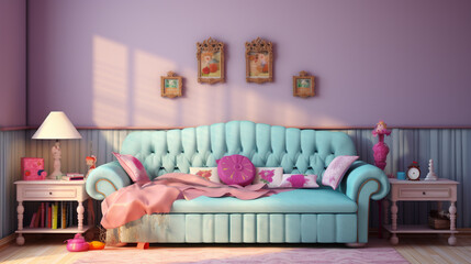 Fototapeta na wymiar Interior of teenage girl room with sofa. Blue and rose furniture in girl room. generative ai