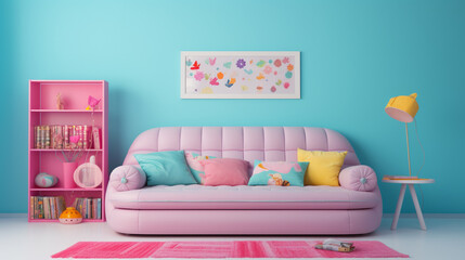 Interior of teenage girl room with sofa. Blue and rose furniture in girl room. generative ai