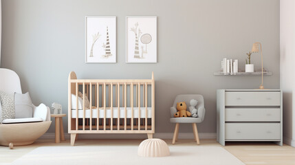 Interior of beautiful modern children room with crib. Interior of a nursery. generative ai